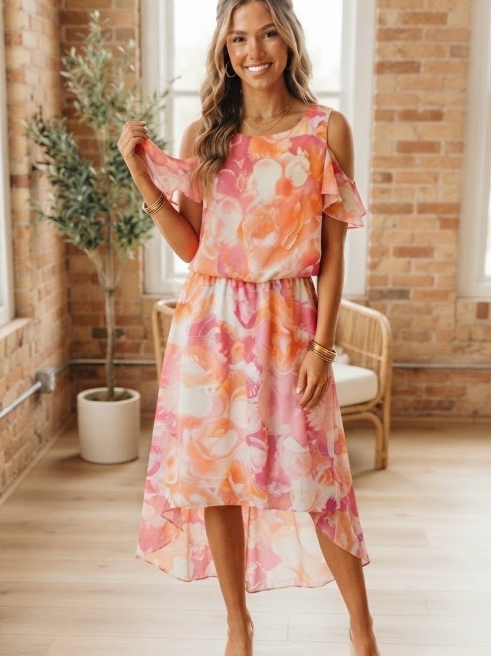 Vince Camuto Pink and Peach Floral Cold-Shoulder High-Low Dress